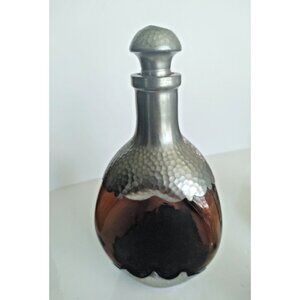 Vintage Royal Holland Pewter Encased Amber Pinched Glass Decanter 10" Tall 1930s